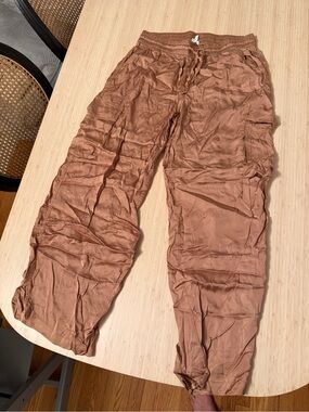 Women’s silk Casual Cargo Pants in Brown - Drawstring Waist
